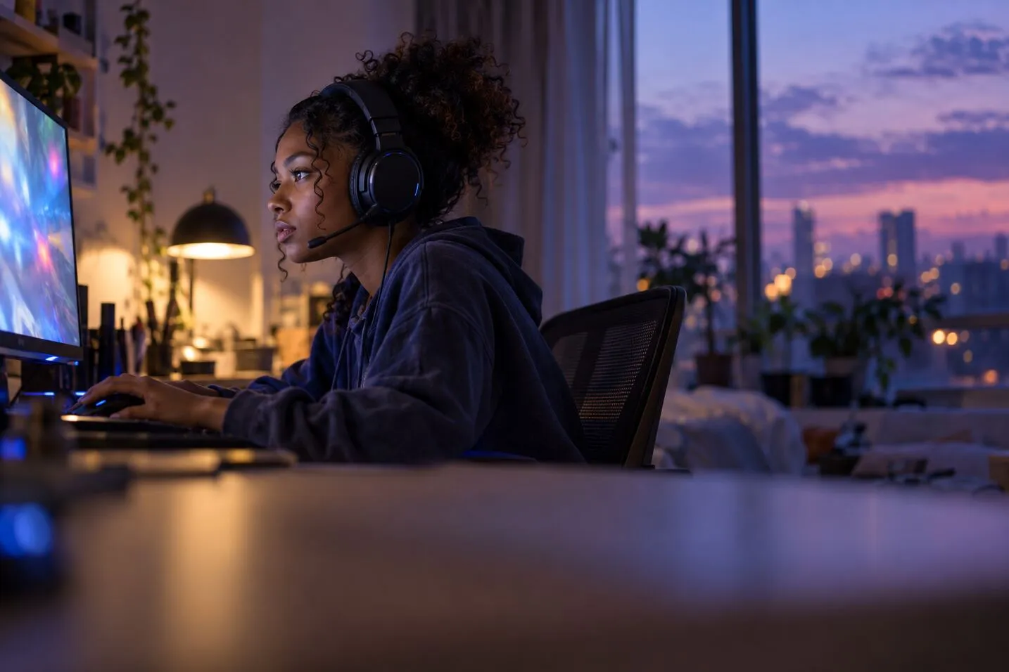 A gamer in a headset mid-match at her desk at dusk