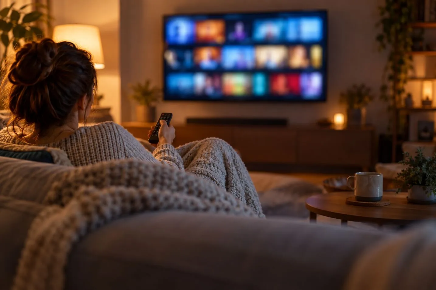 Someone on a sofa browsing shows on a TV in the evening