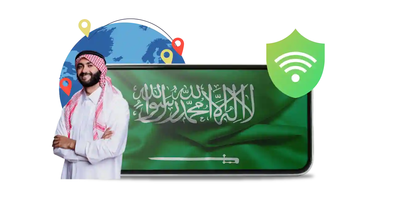 a man standing in front of arabic flag VPNs that support Arabic