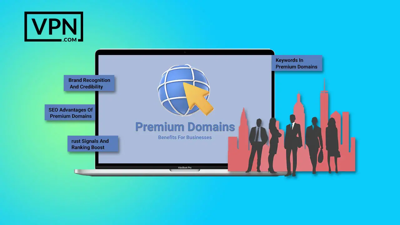 a laptop with a group of people standing in front of a screen showing Benefits Of Premium Domains For Businesses