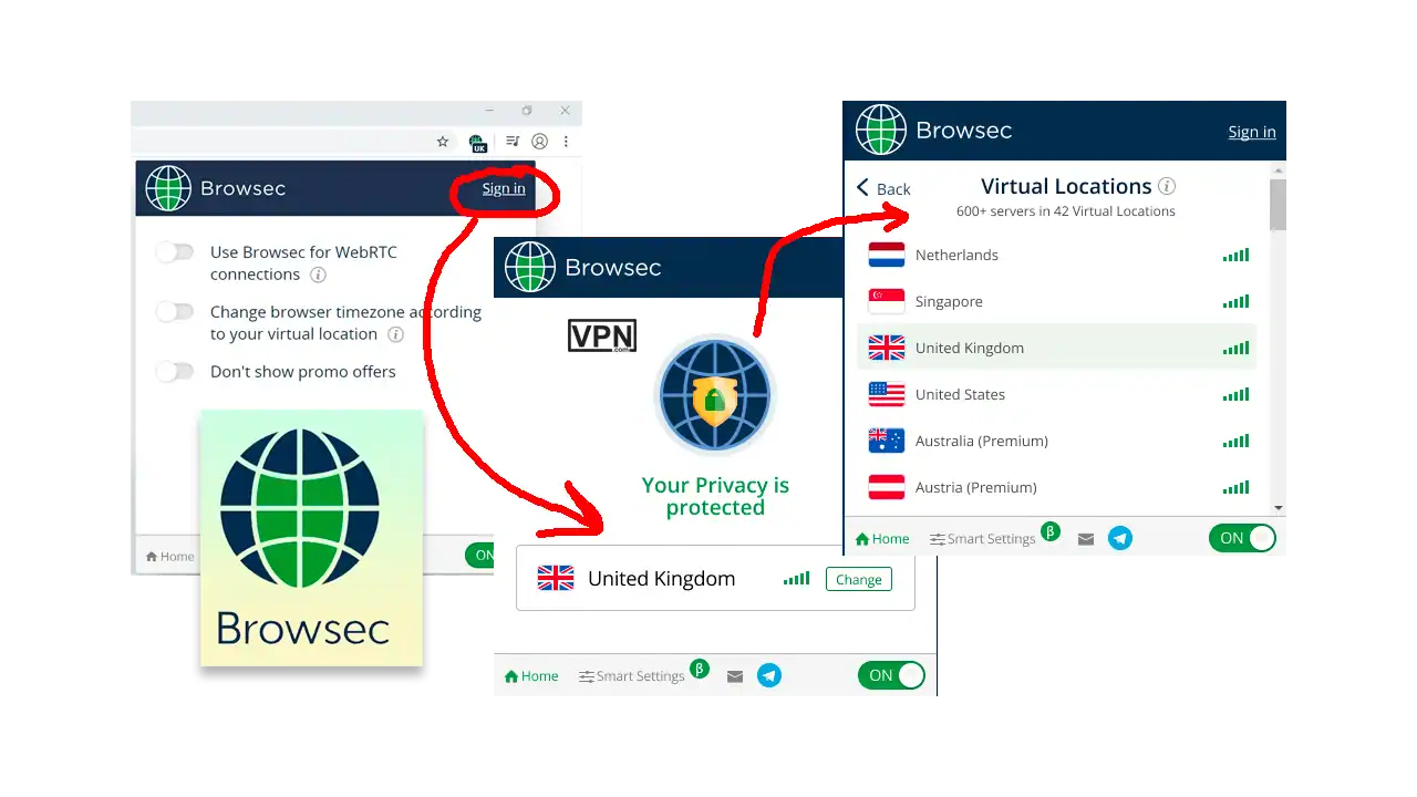 a screenshot of a computer showing Browsec VPN Browser Add-ons