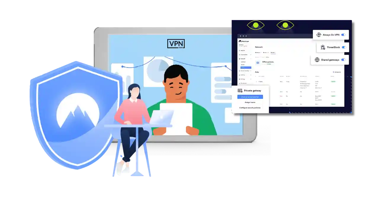 a woman sitting at a desk with a laptop showing Can I use NordVPN for business purposes