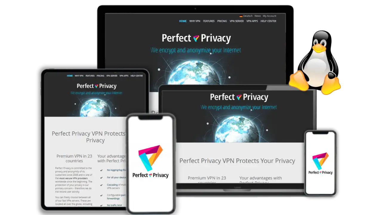 Multiple device display showcasing Perfect Privacy VPN, highlighting its encryption and privacy features on smartphones, tablets, and laptops.