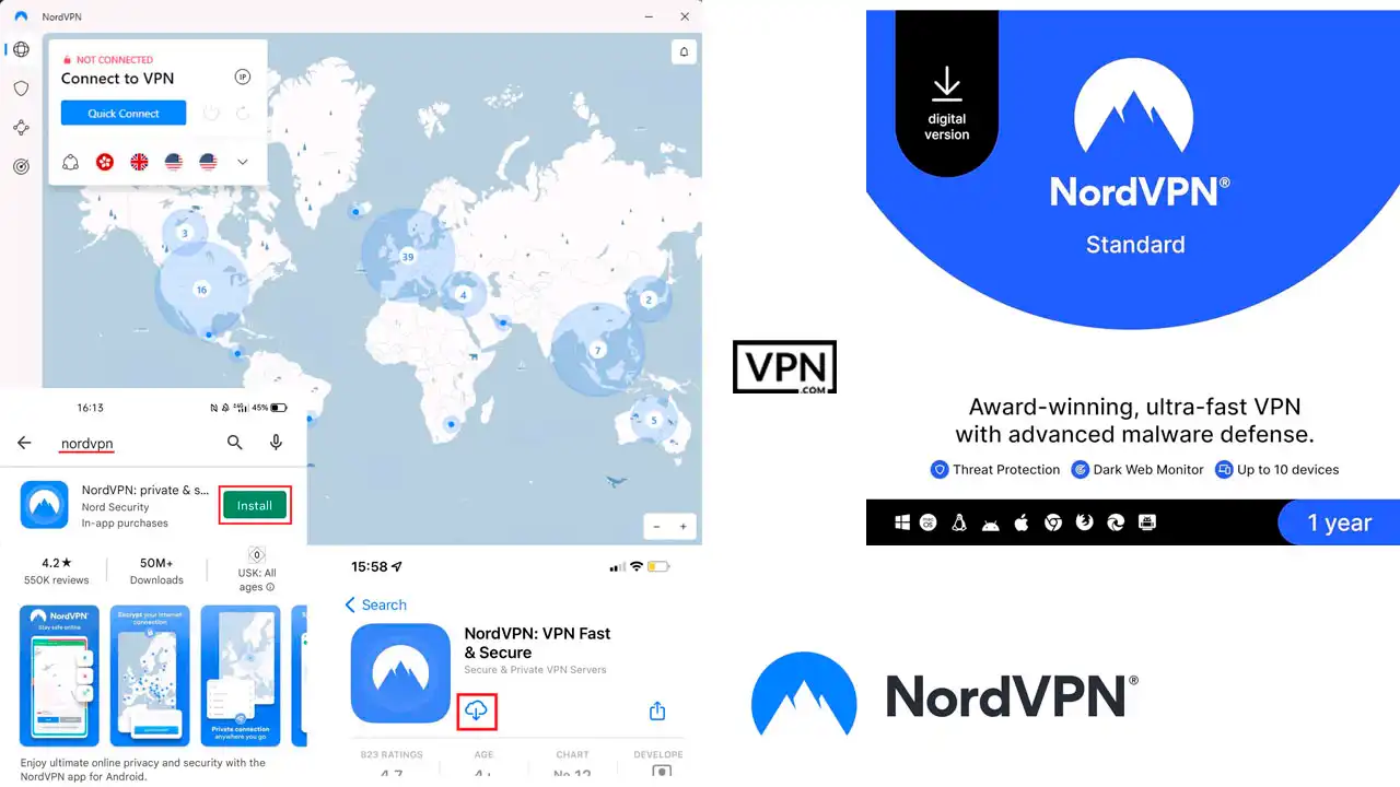 a hand pointing at a computer screen showing Download NordVPN anywhere in the World