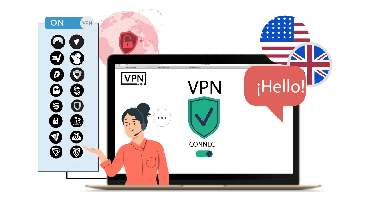 VPN interface with English language support showing various VPN options