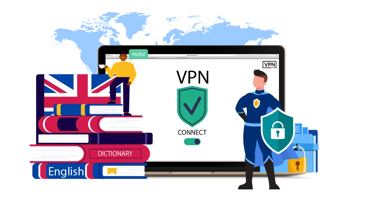 Illustration of VPN connection with English support and security features