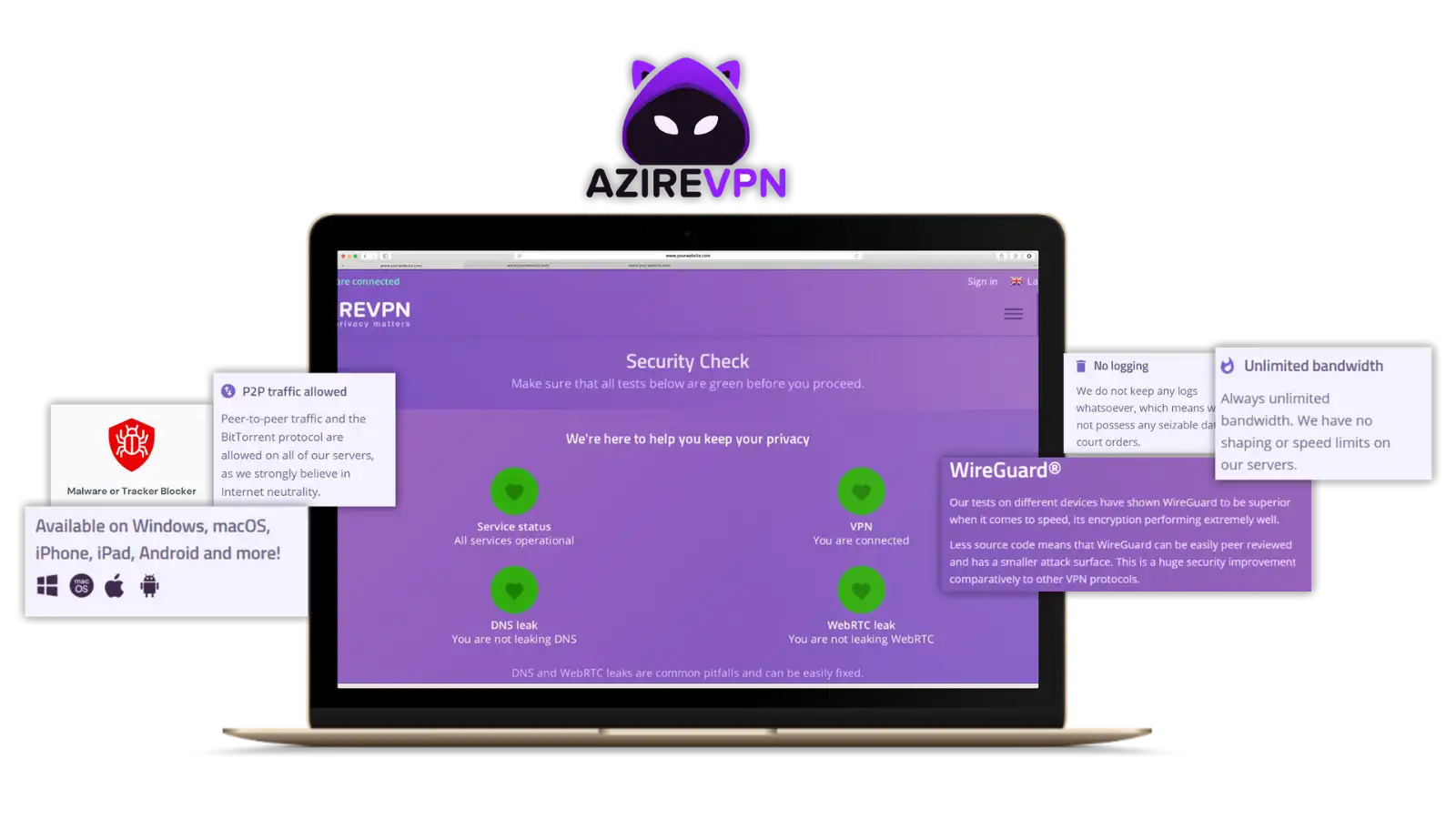 Azire VPN features including no logging, unlimited bandwidth, and WireGuard support