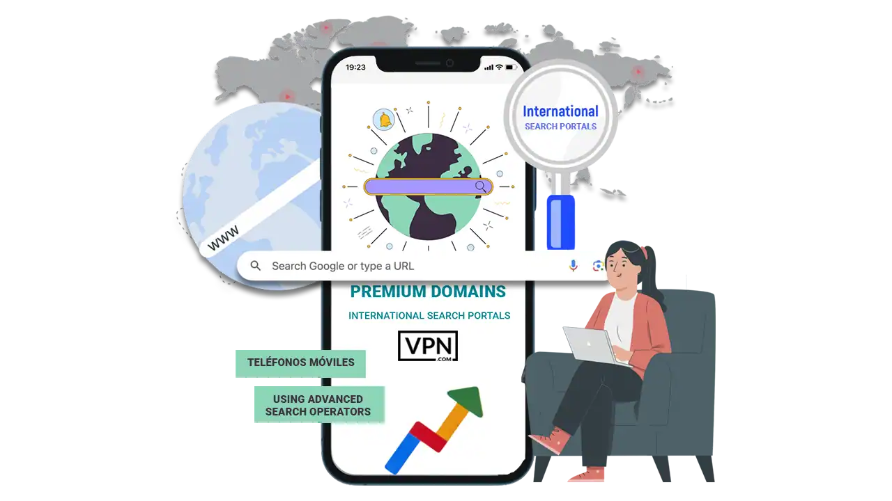 a woman sitting in a chair with a laptop showing How Can International Search Portals Be Utilized To Find Buyers For Premium Domains