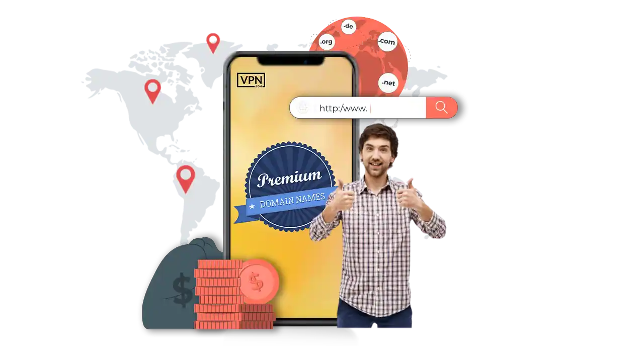 a man standing in front of a large screen showing How premium domain names get their value