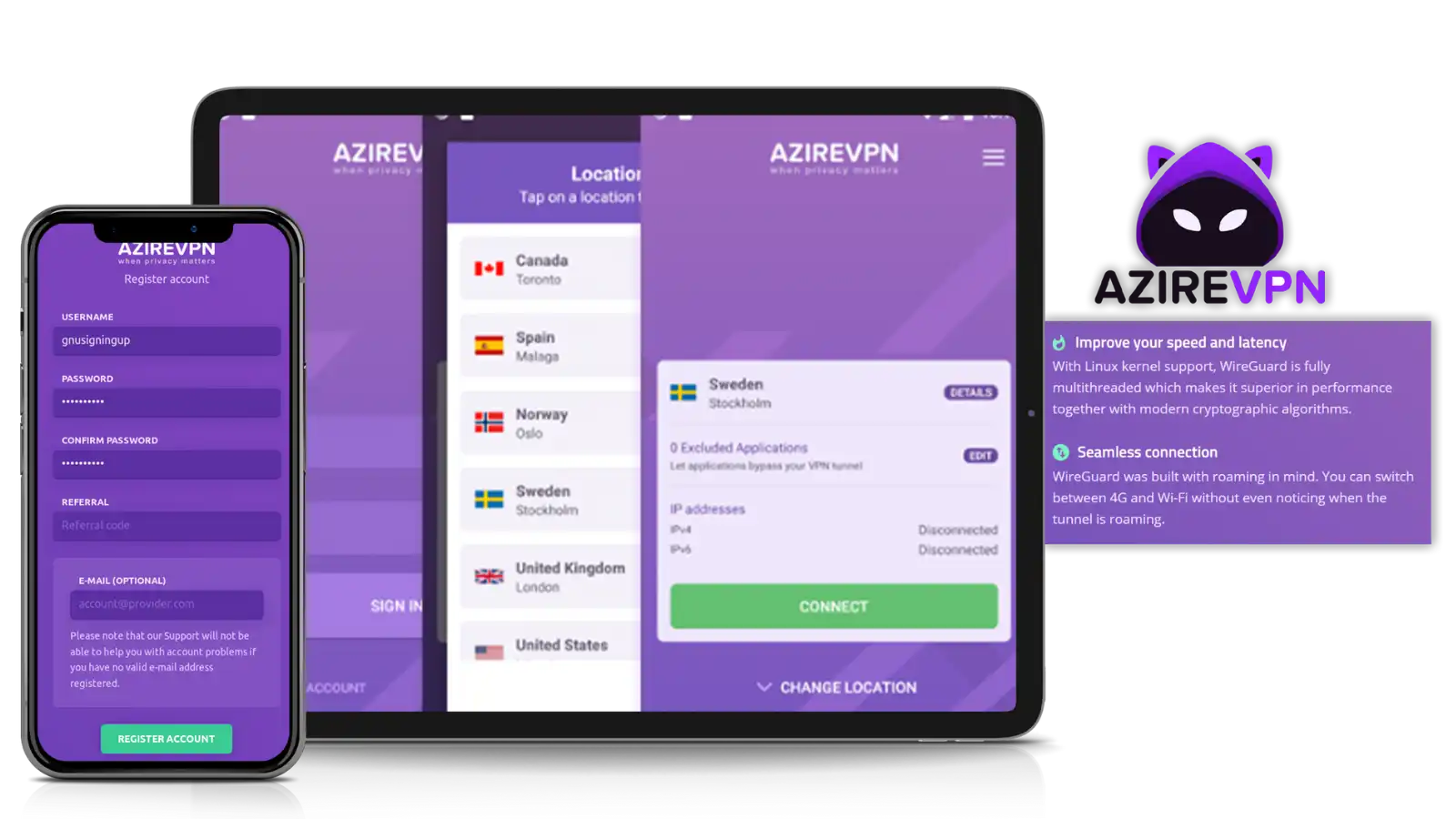 Azire VPN registration and server selection screen