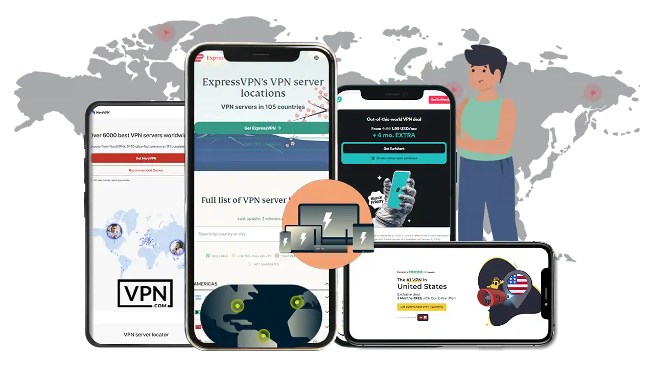 a group of cell phones and a map showing How Does ExpressVPN’s Server Network Compare To Other VPNs