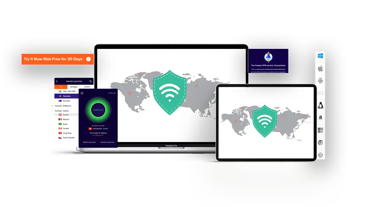 Illustration showing a selection of personal vpn servers and features