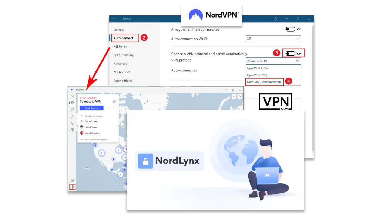 Steps to configure NordLynx protocol in NordVPN settings