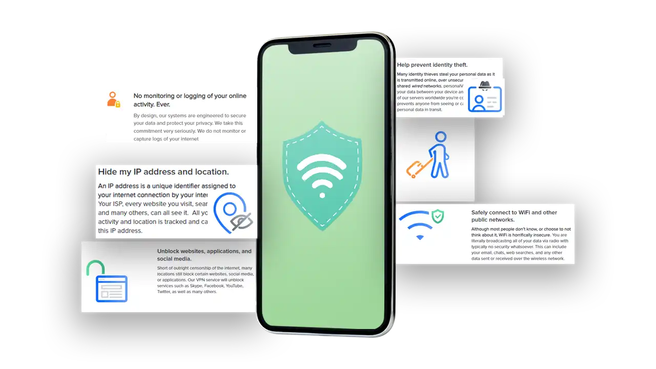 Illustration showing various benefits of personal vpn on different devices