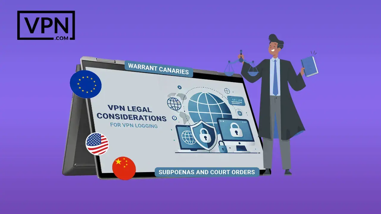 Legal Considerations for VPN Logging a man standing next to a laptop showing Legal Considerations for VPN Logging