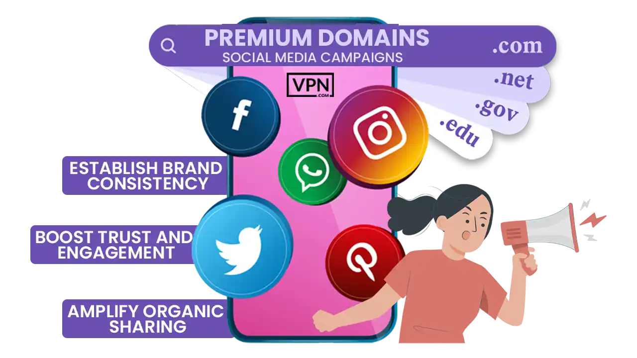 a woman with a phone and social media logos SEO Benefits of an Exact-Match Premium Domain