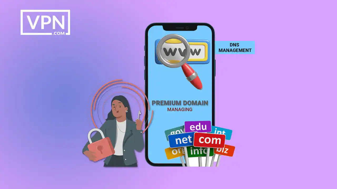 a phone with a woman holding a padlock and a magnifying glass Managing Your Premium Domain