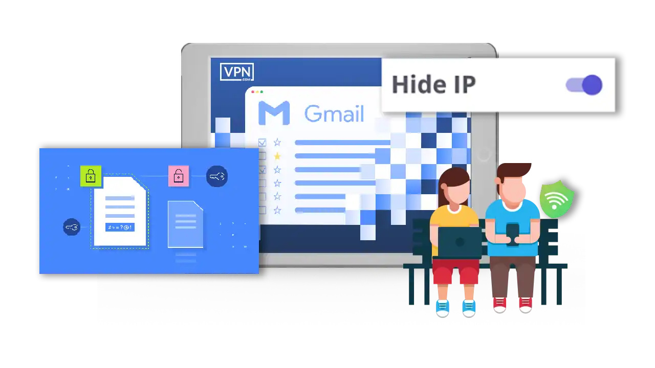 a cartoon of people sitting on chairs with laptops showing NordVPN and Email Encryption