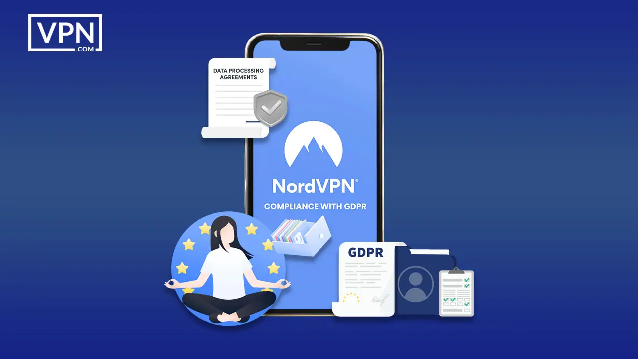 a phone with a woman sitting in a lotus pose showing NordVPN Compliance with GDPR