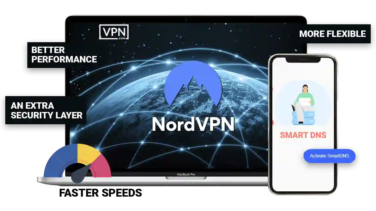 a laptop and a phone showing NordVPN and Smart DNS