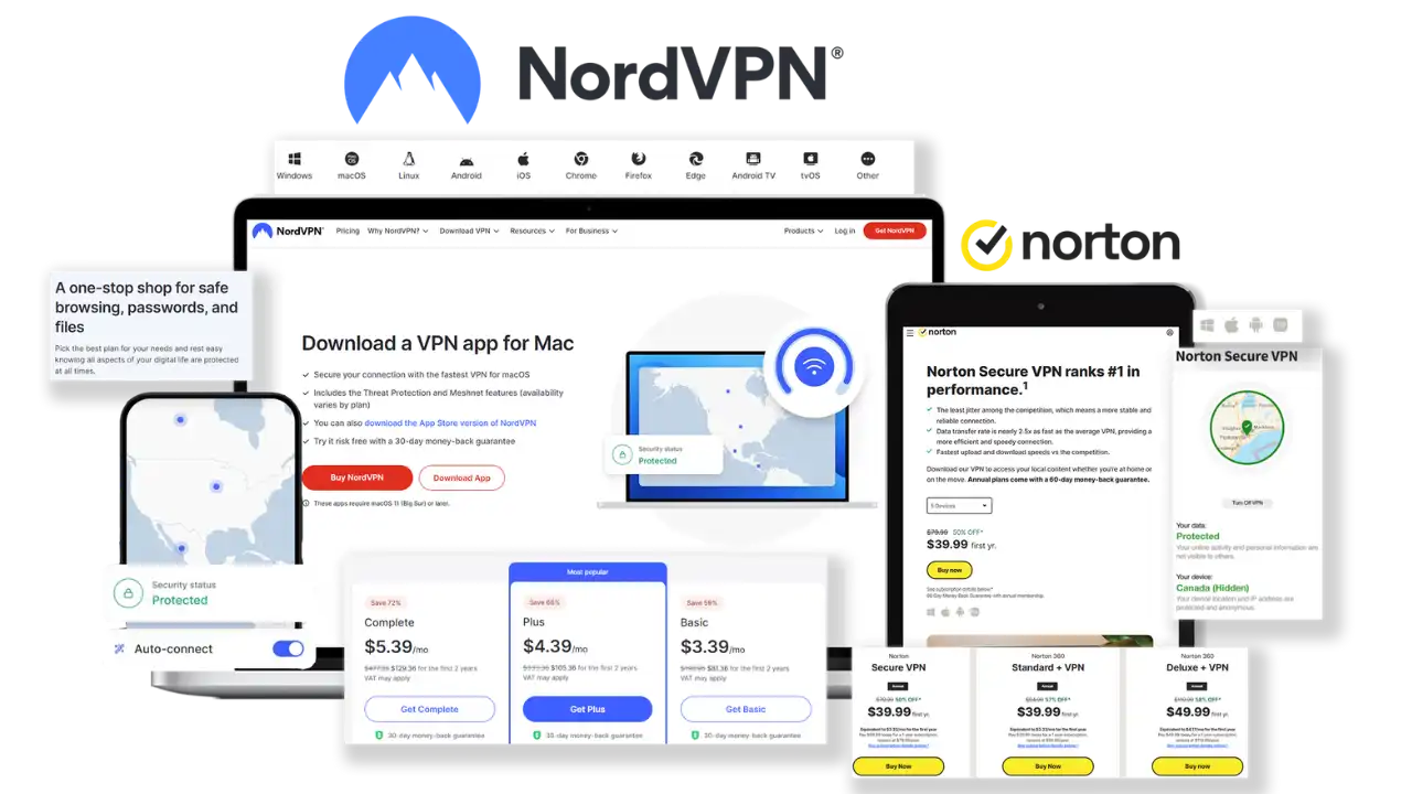 Side-by-side comparison of NordVPN vs Norton Secure VPN