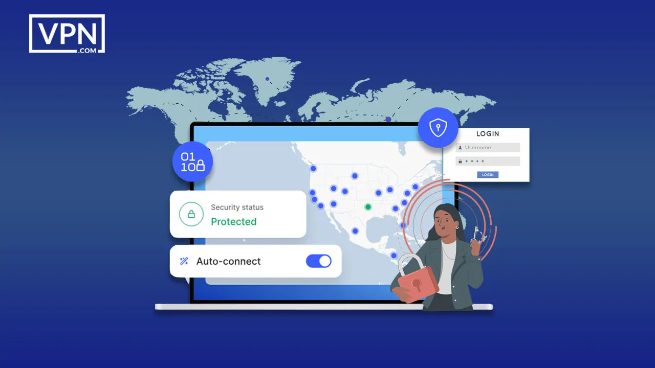 a computer screen with a woman holding a bag and a map of the world showing NordVPN privacy and data protection