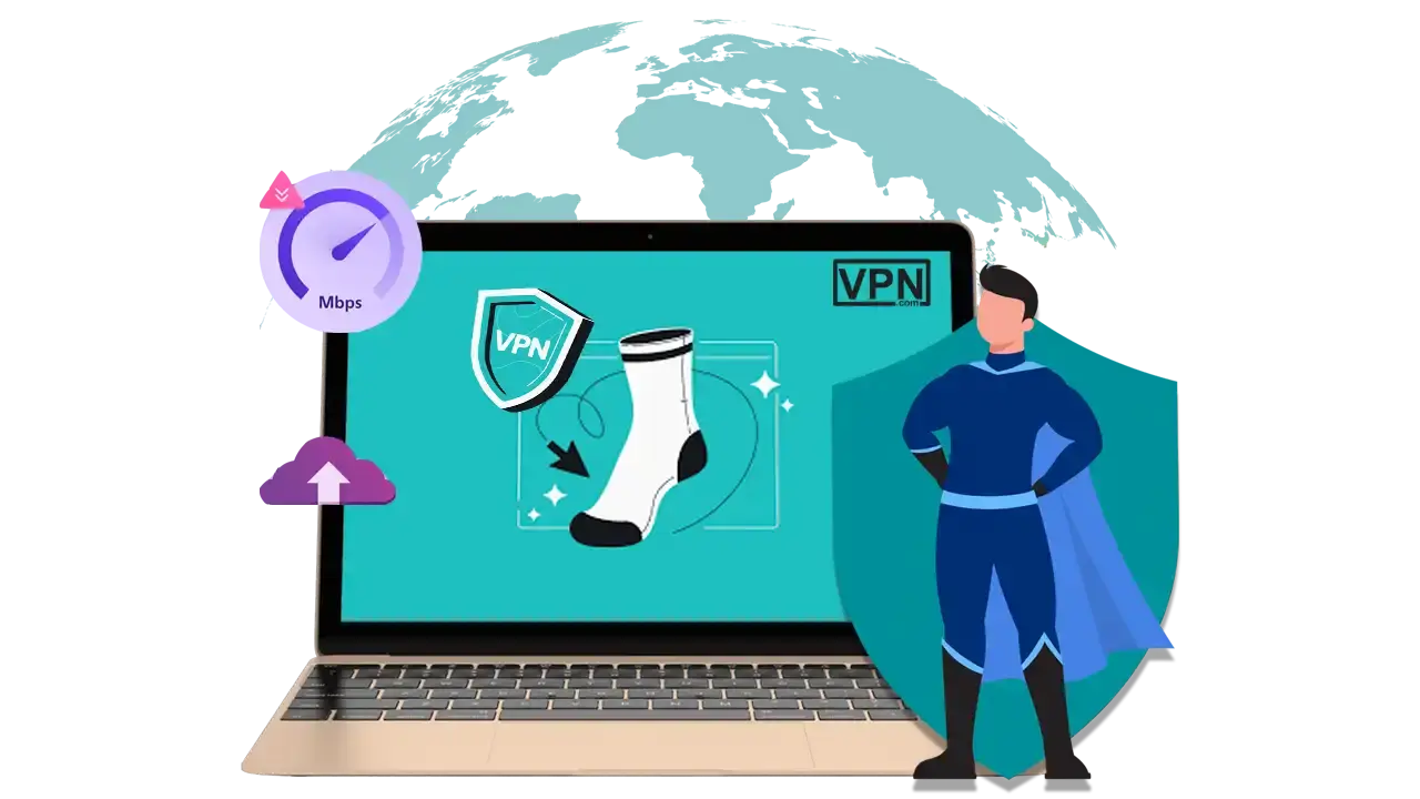 SOCKS Compatible VPNs Socks compatible VPNs on laptop with speed test and superhero icon