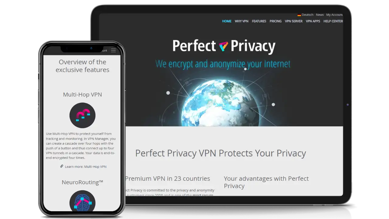 Perfect Privacy VPN promotional display on digital devices, highlighting encryption and privacy features with a glowing Earth graphic.