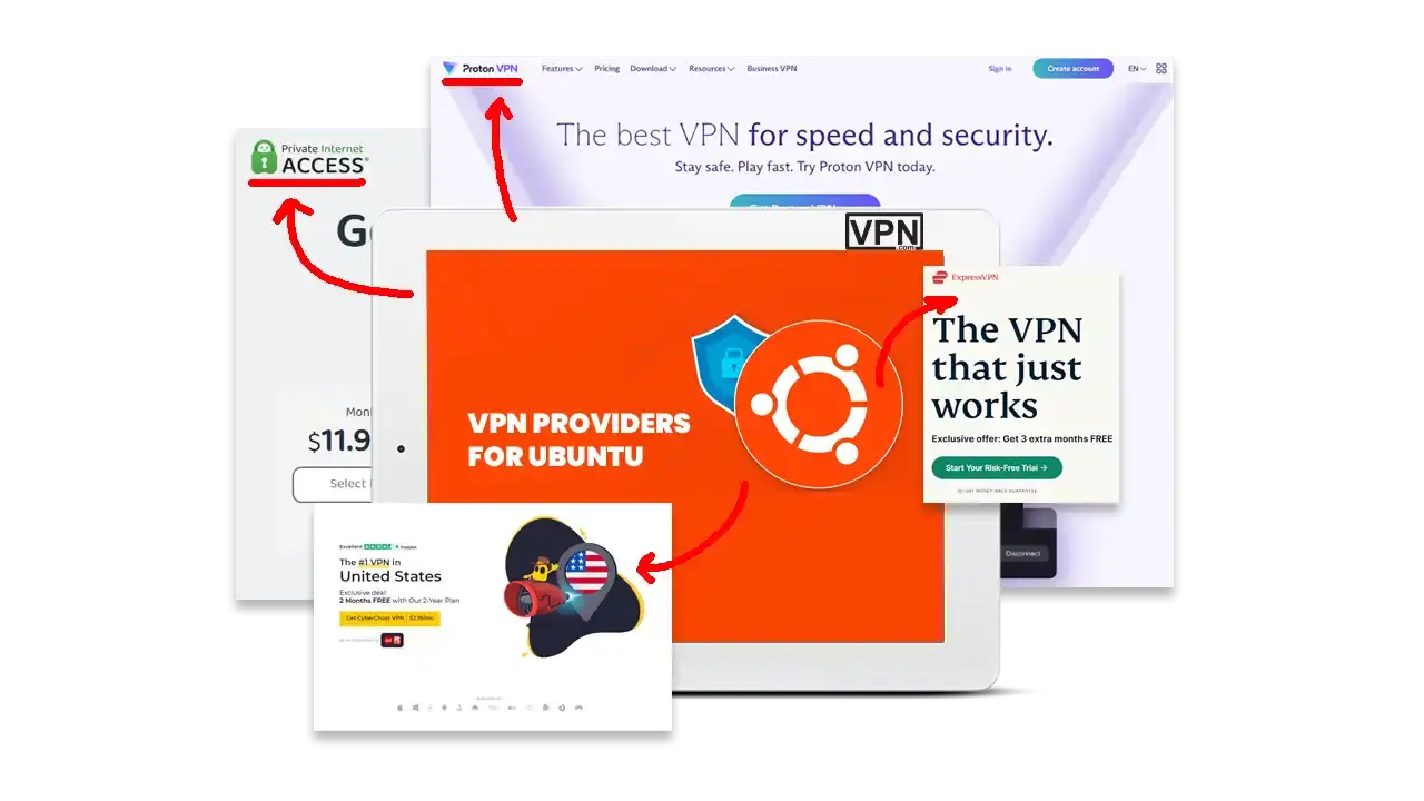 Top VPN Providers for Ubuntu Collage of VPN providers like ProtonVPN, ExpressVPN, and Private Internet Access for Ubuntu. Primary keyword: ubuntu distribution compatible vpns