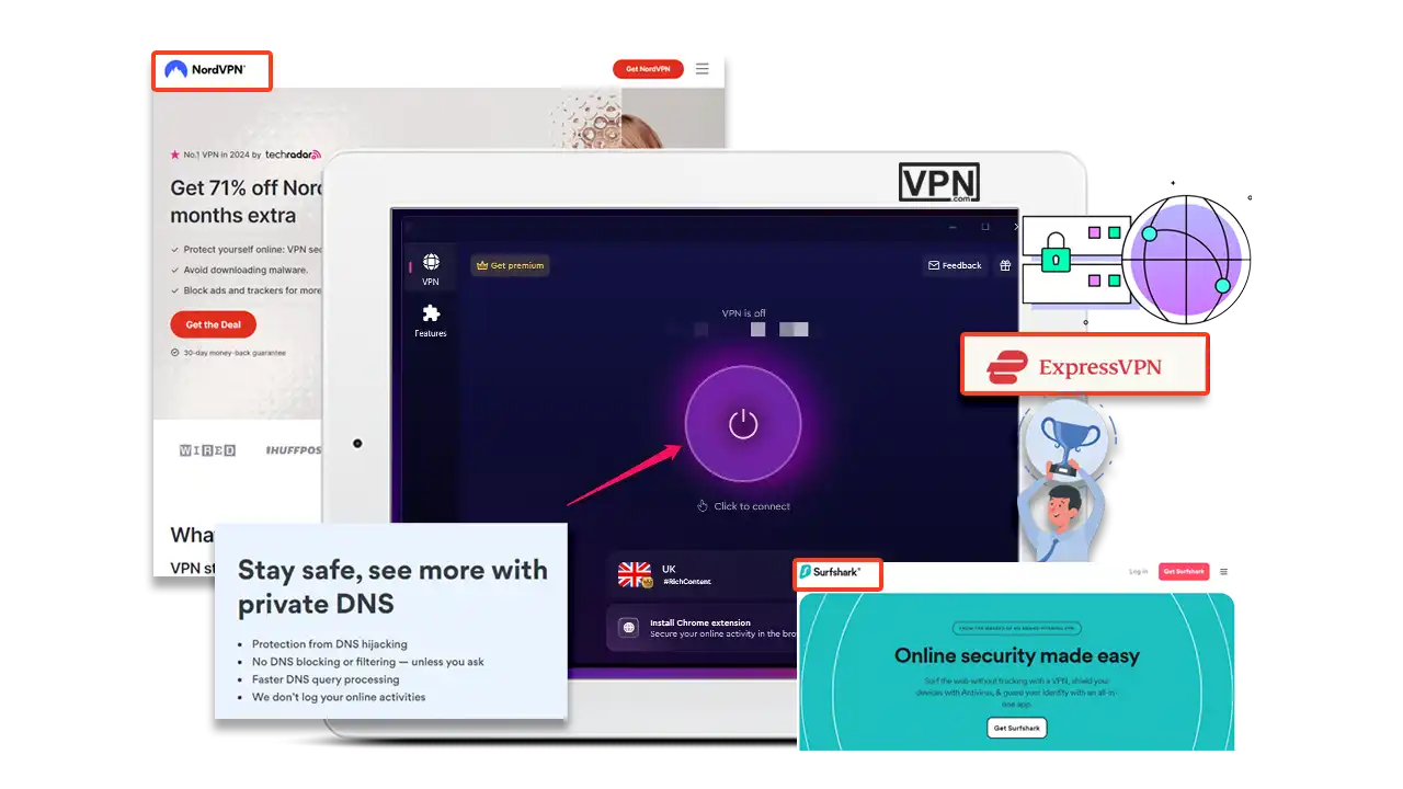 Top VPNs like NordVPN, ExpressVPN, and Surfshark offering private dns vpns