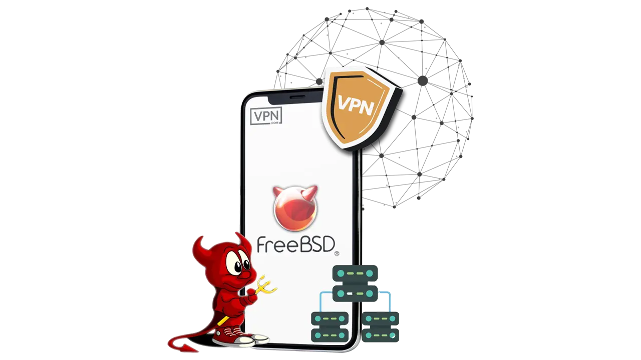 FreeBSD distribution compatible VPNs illustration with mascot and VPN shield.