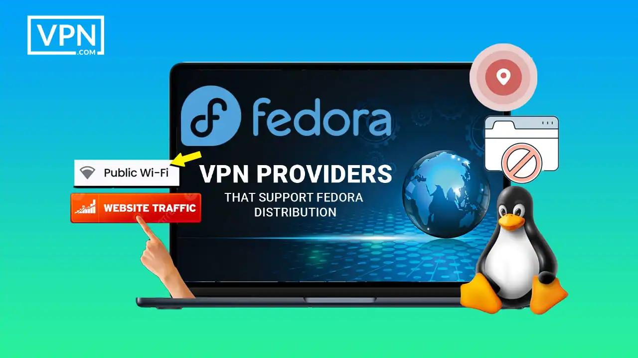 a laptop with a screen with a penguin and a hand pointing at it showing VPNs that support Fedora Distribution