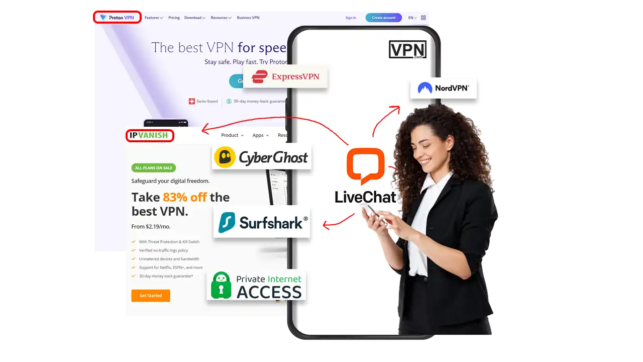 VPNs that offer live chat support including ProtonVPN, IPVanish, CyberGhost, Surfshark, Private Internet Access, and NordVPN