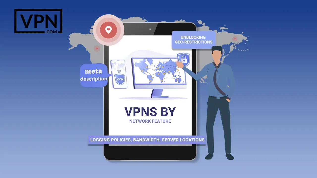 a man standing next to a tablet showing VPNs by network feature