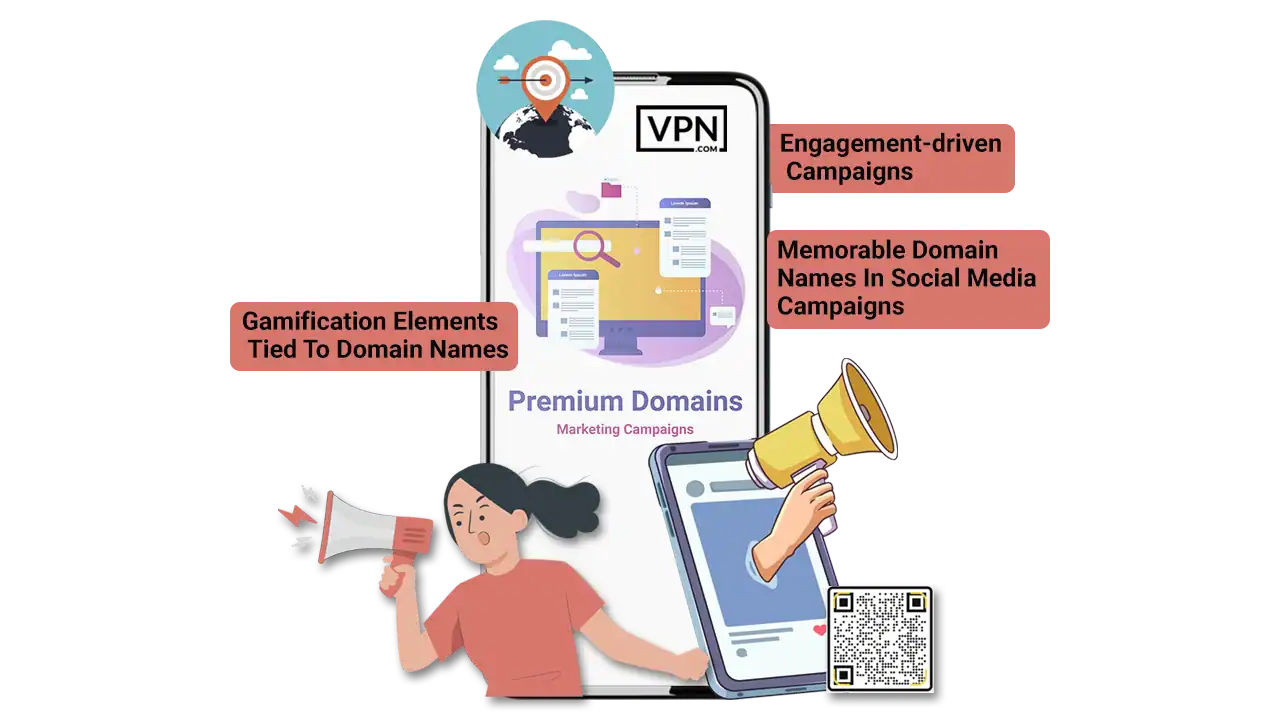 a woman holding a megaphone and a phone Innovative Applications of Premium Domains in Marketing Campaigns