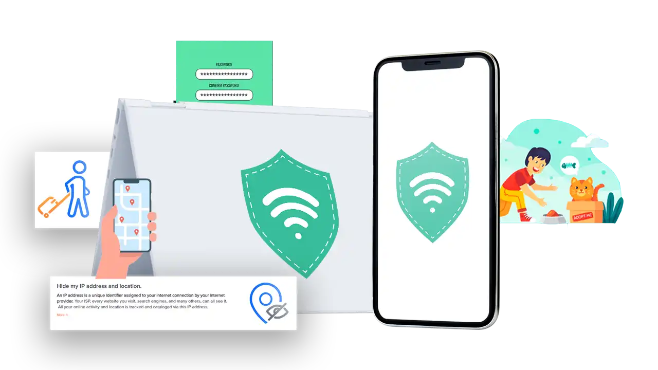 Illustration explaining personal vpn benefits with a user connecting securely