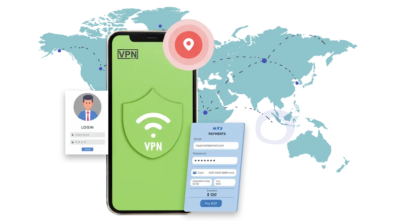 Global map with VPN app login and payment screen illustrating vpns that accept diners club