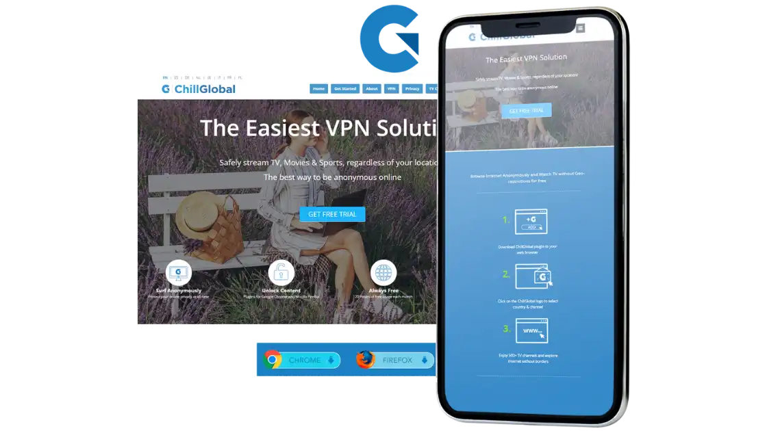 Chillglobal VPN homepage showing features and free trial