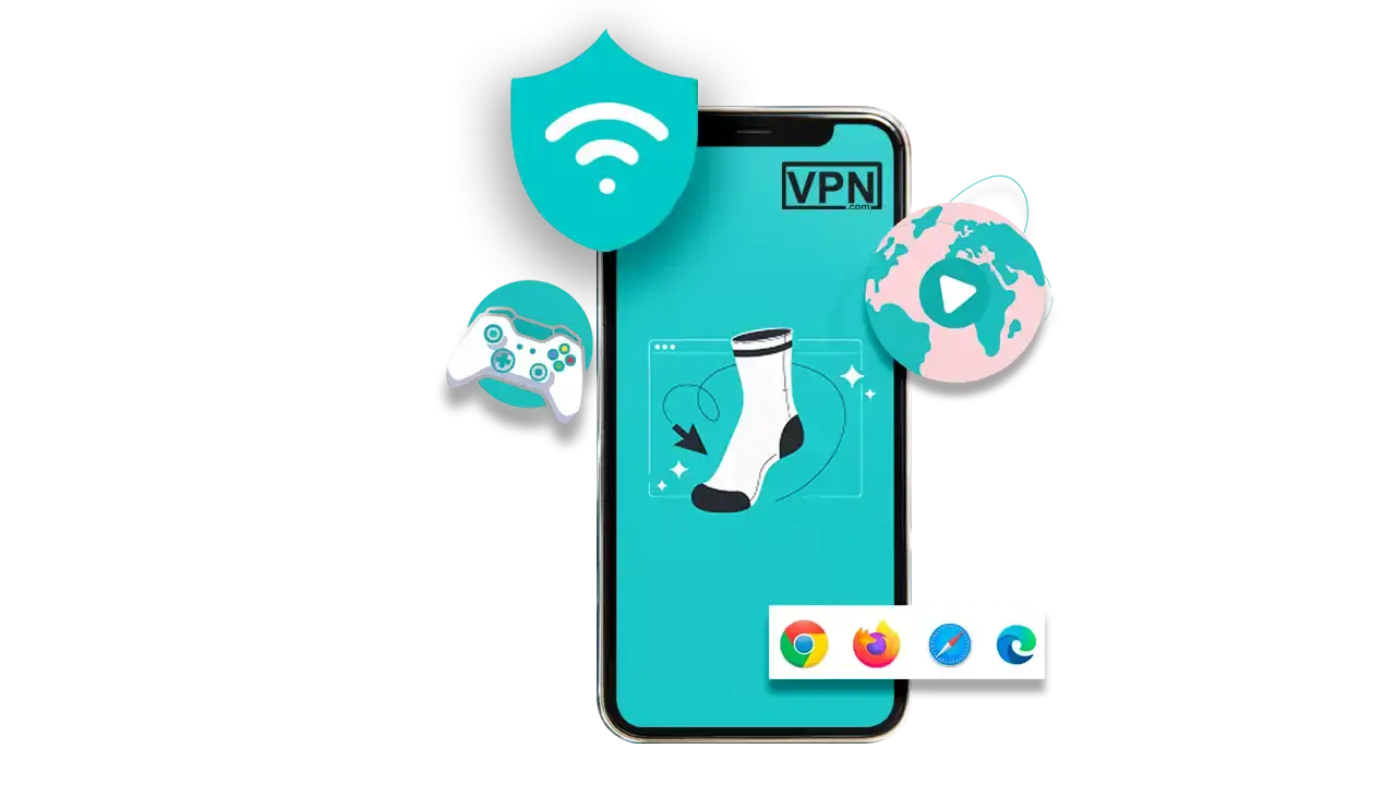 When to Use SOCKS-Compatible VPNs Socks compatible VPNs on mobile with gaming and browsing icons
